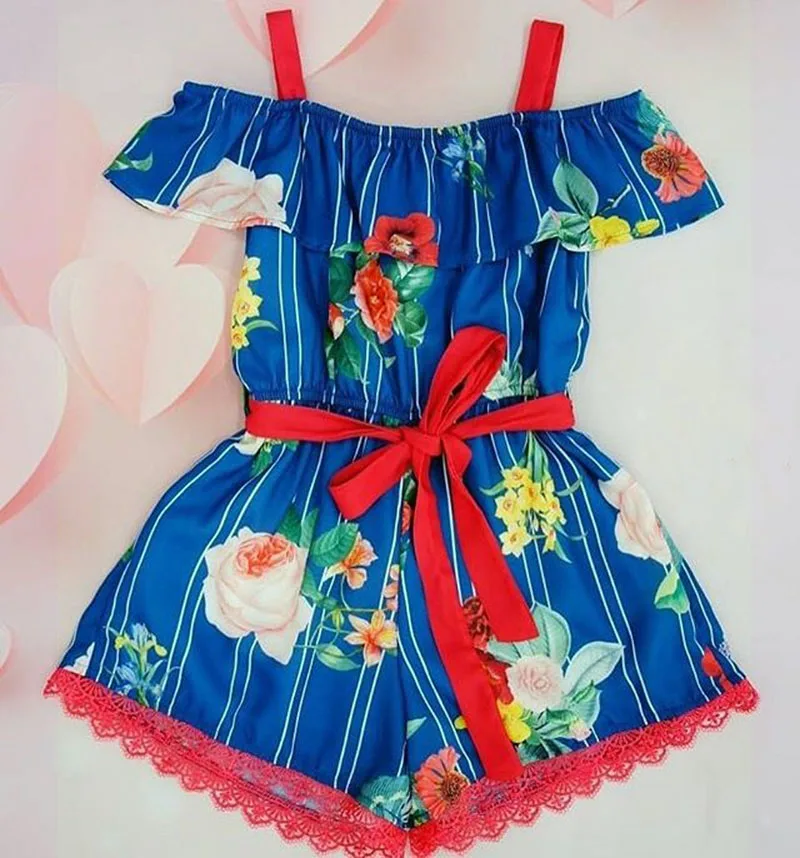 Kids Baby Girls clothes Off Shoulder striped Ruffle Flower print Romper strap sleeveless Bow Toddler lovely Jumpsuit one pieces