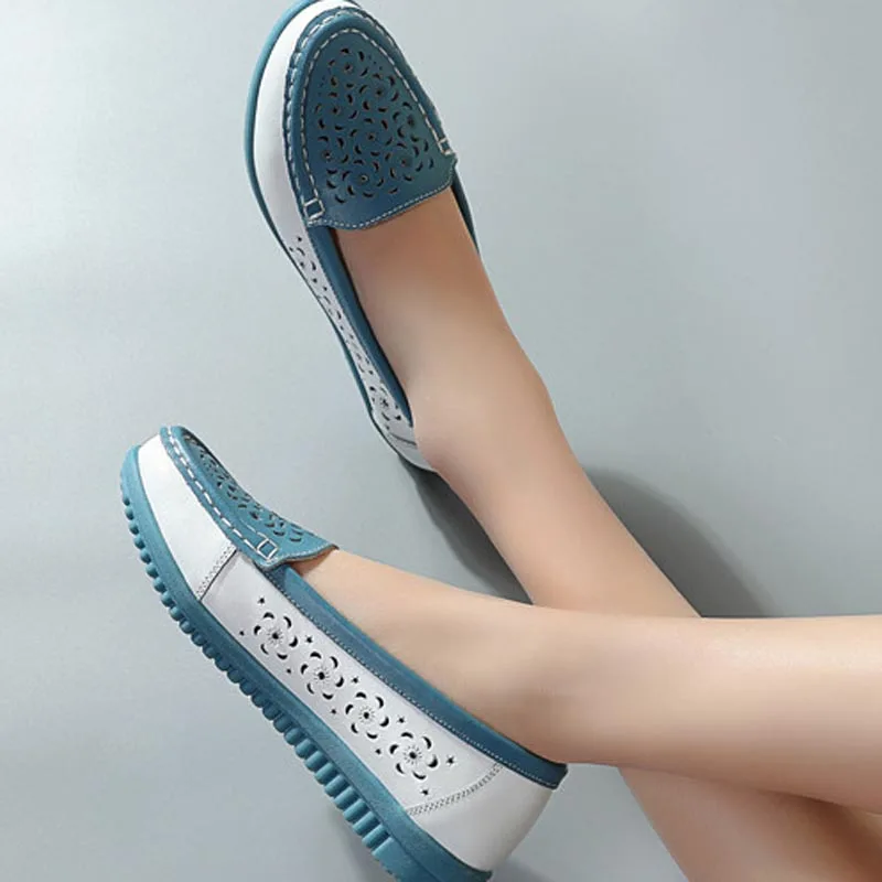 New Breathable Cut-outs Flats For Women Fashion Flower Cut-outs Genuine Leather Women Flats Ladies Casual Flat Summer Loafers