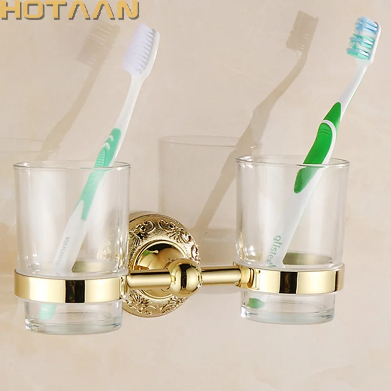 

Cup & Tumbler Holders Retro Brass Material Wall Mounted Bathroom Accessories Gold Color Flower Carved Double Cup Holder YT-12908