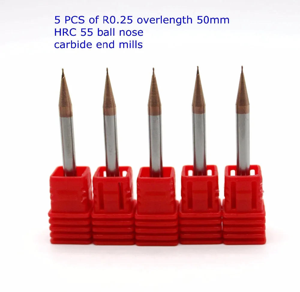 Горячий парус 5 шт R0.25 * 4*50 шаровой нос HRC55 Вольфрам твердосплавные торцевые фрезы