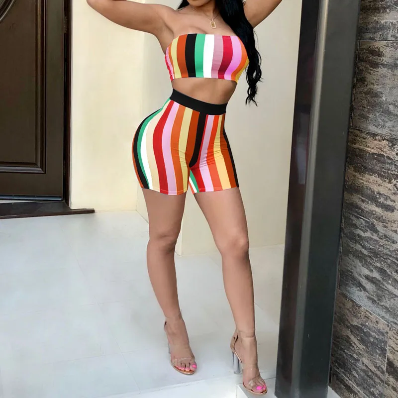 New Sexy Women set Strapless Crop Top and Shorts Two pieces Colourful Printed Striped Vacation Wear B06DR739 | Женская одежда