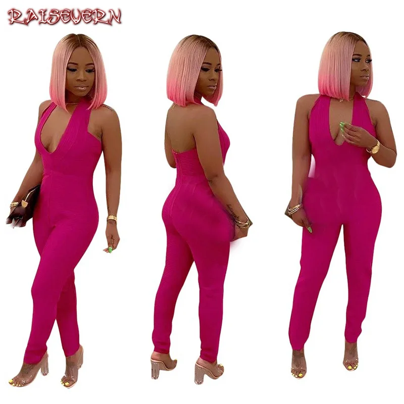 Женский комбинезон без рукавов с глубоким V образным вырезом и открытой