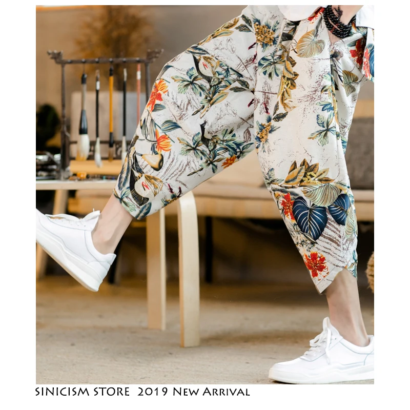 Брюки-шаровары Sinicism Store мужские винтажные хлопковые льняные с цветочным принтом