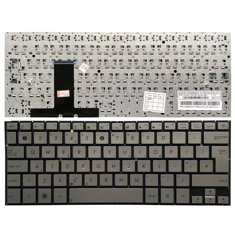 Клавиатура для ноутбука Asus UX31 UX31A UX31LA UX31E серебристая без подсветки/рамки