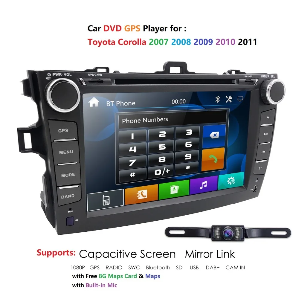 8 дюймов Автомобильный dvd-плеер для Toyota Corolla 2007 2008 2009 2010 2011 Bluetooth gps навигация радио карта+ камера BT