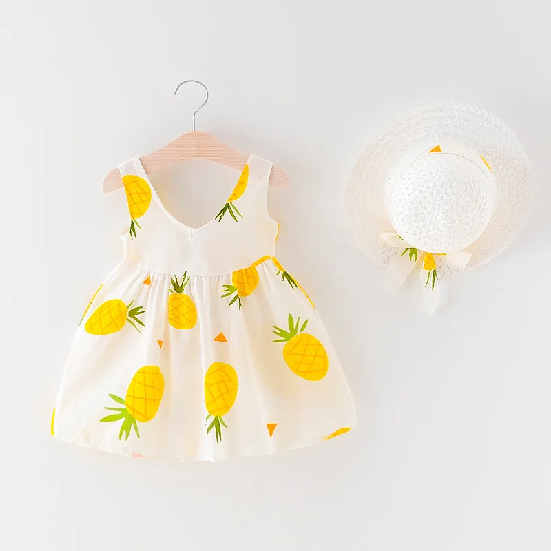 lovely Infant Kid Baby Girls Dress summer sleeveless vest Clothes Fruit pineapple printing Children Princess bow Dresses cap | Детская
