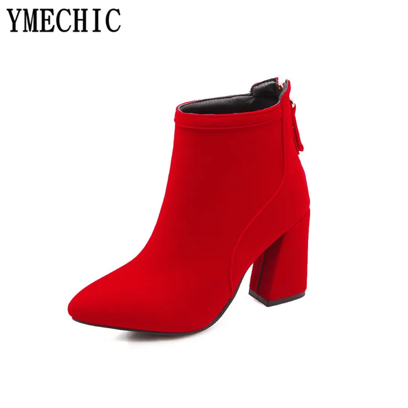 YMECHIC/2018 женские красные черные бежевые ботильоны из флока короткие ботинки для