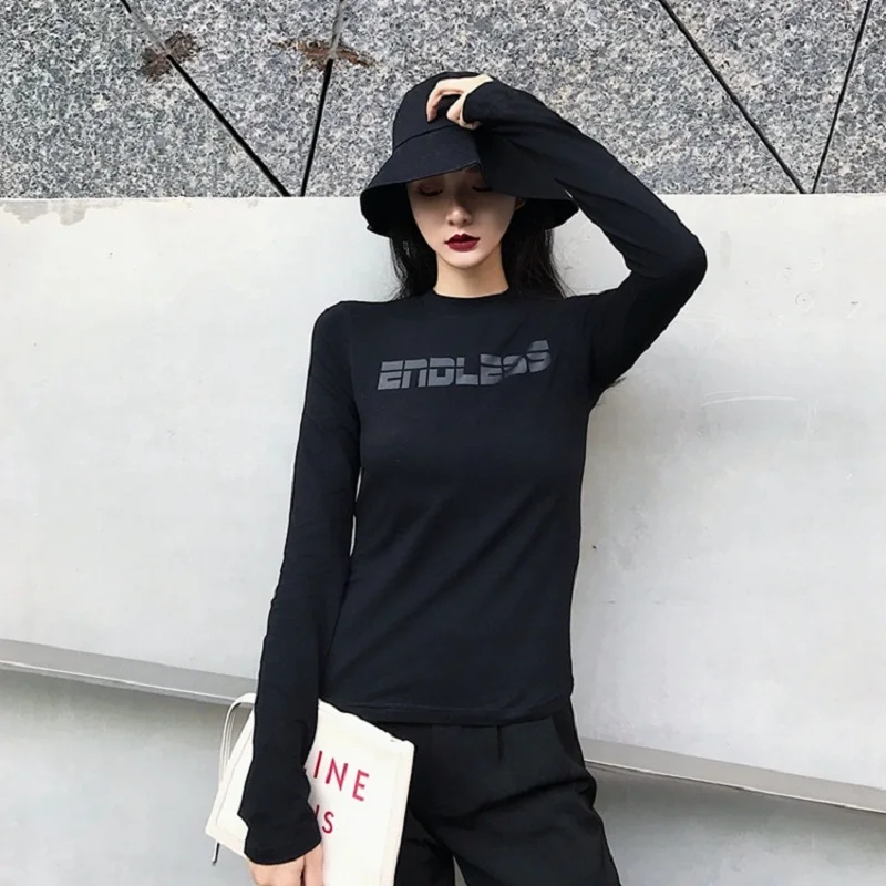 Autumn and winter new letter printing black Slim thin long sleeve bottoming T-shirt women | Женская одежда