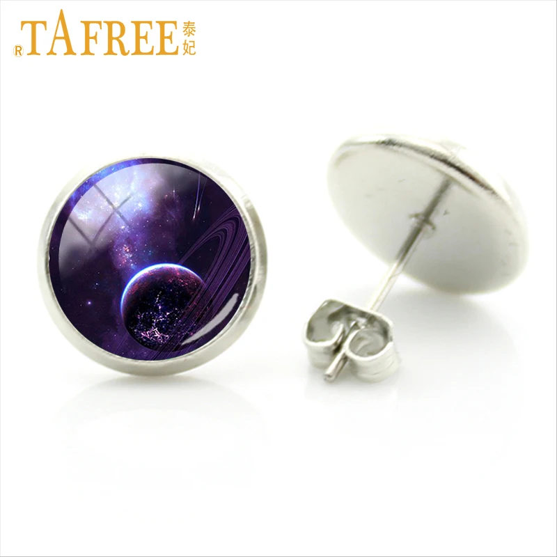 Женские серьги гвоздики со Звездами Галактики TAFREE стеклянные купольные в виде