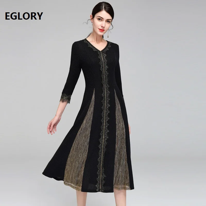 

High Quality New Plus Size XXXXL Dress 1950s Style Women V-Neck Lace Color Block Patchwork 3/4 Sleeve Large Swing Dress Female