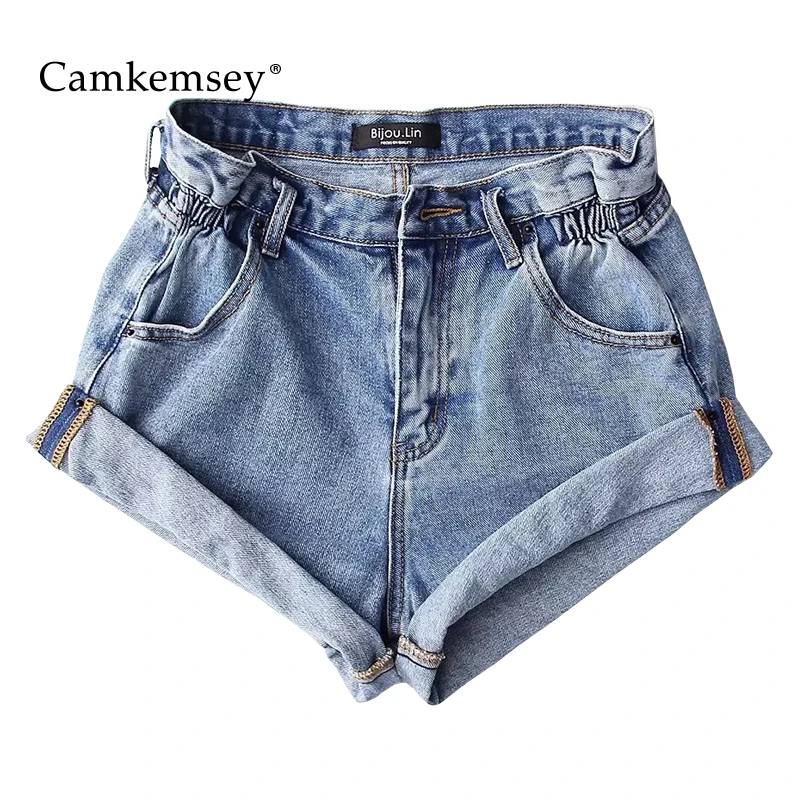 CamKemsey, Классические джинсовые шорты с высокой талией, женские летние шорты,, модные повседневные синие джинсовые шорты с манжетами