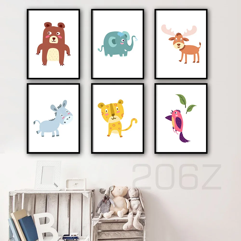 

Cartoon Bear Deer Tiger Elephant Animals Nordic Posters And Prints Wall Art Canvas Painting Wall Pictures Baby Kids Room Decor