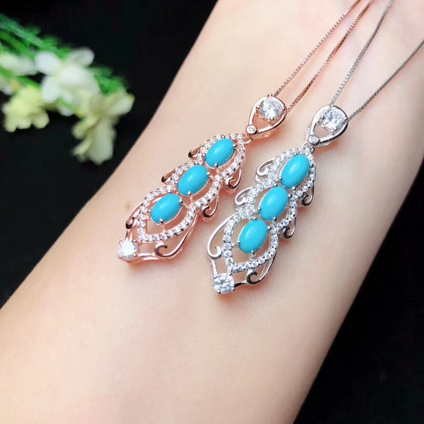 

new style blue Turquoise gemstone pendant for necklace with silver real 925 silver gold plated natural gem girl birthday gift