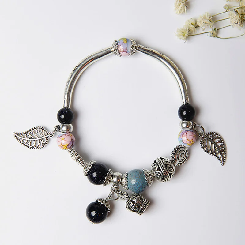 Charm Bracelet &amp Bangle Antique Silver Color Beads Leaf Crown Pendant Party Jewelry Gift For Women Girl | Украшения и
