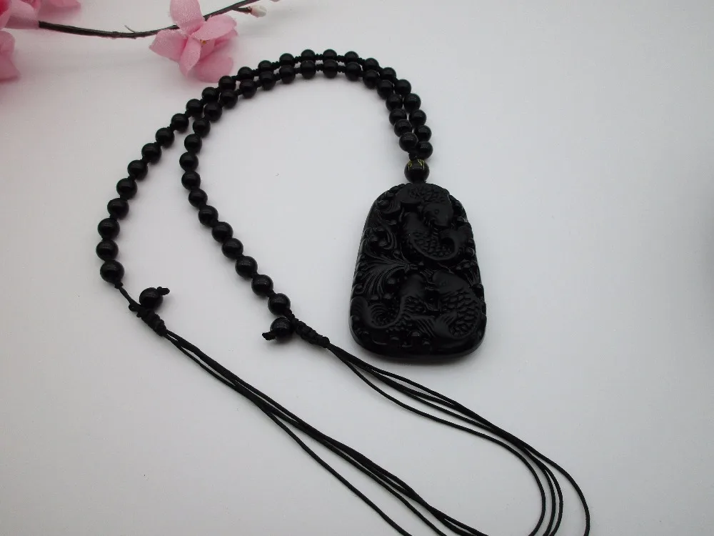 Китайская ручная работа натуральный черный обсидиан резная рыба счастливое