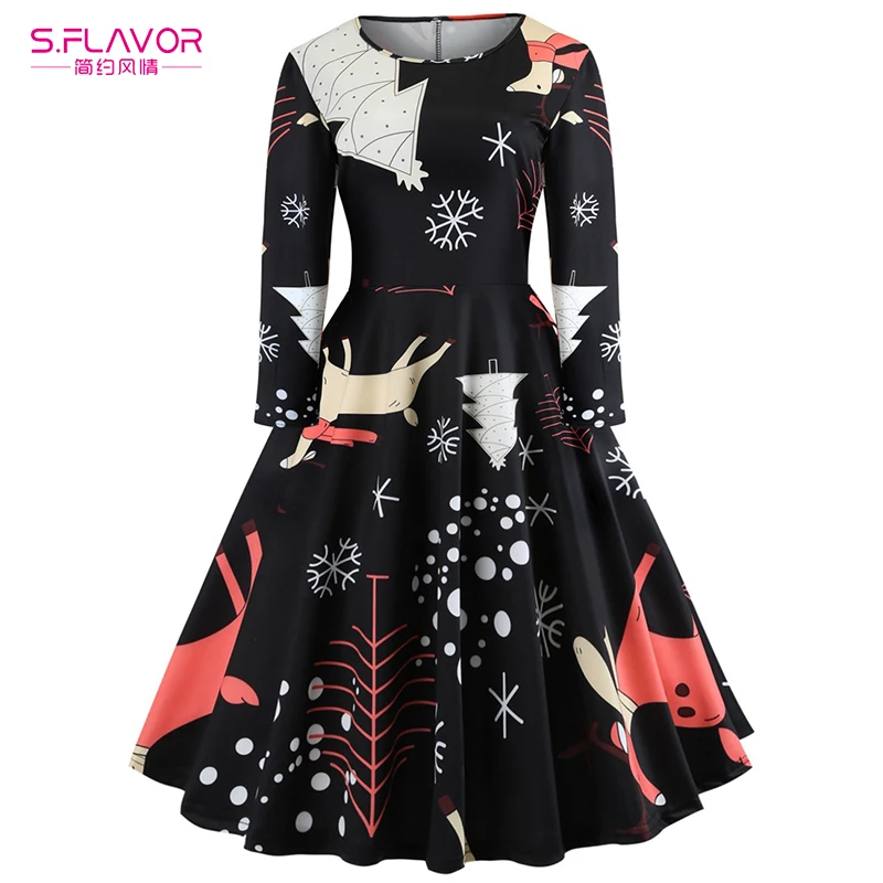 S.FLAVOR 2018 New Fashion Women Vintage Christmas Dress Printed Floral Kawaii O-neck Long Sleeve Slim Party Dresses | Женская одежда