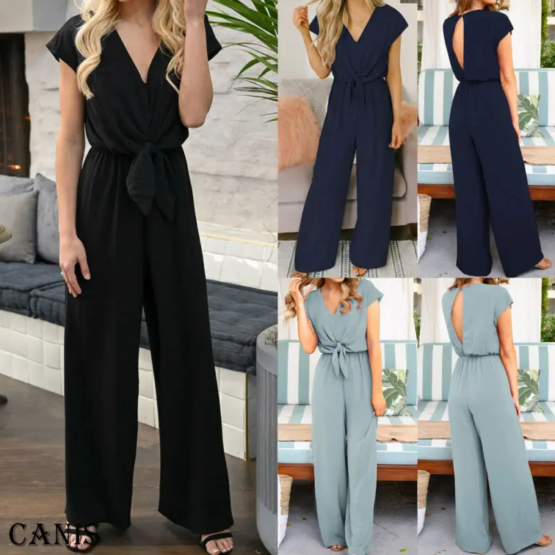 

Womens Clubwear Playsuit Bodysuit Party Jumpsuit Romper V Neck Short Sleeve Ladies Casual Simple Chiffon Long Trousers new