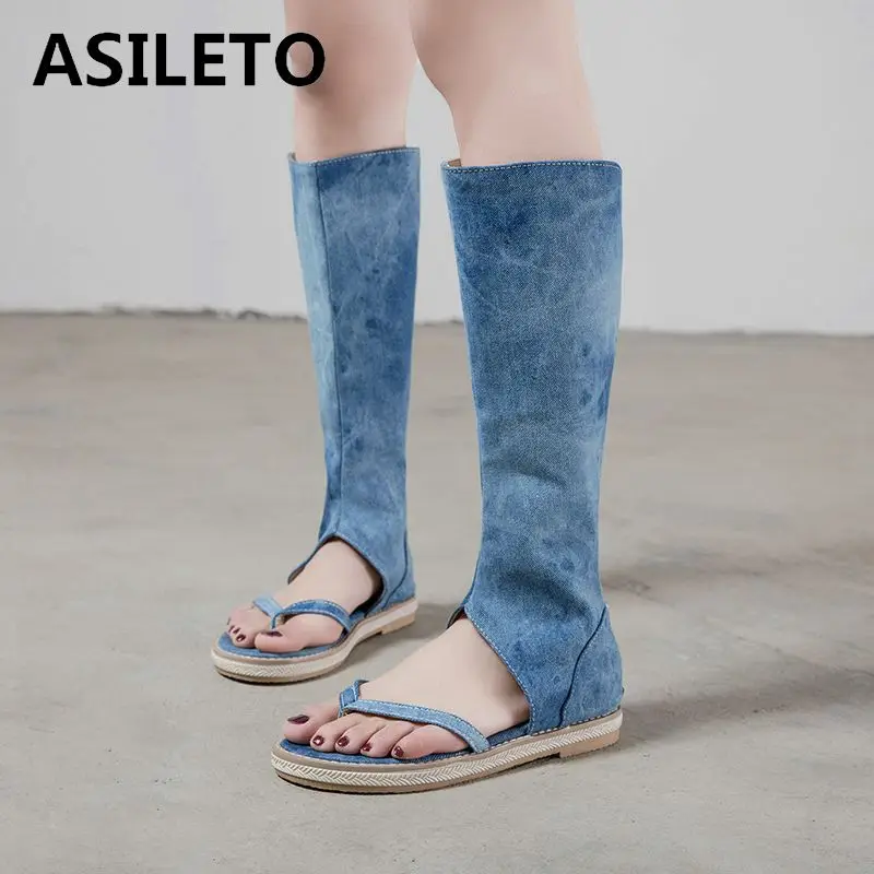 ASILETO/женские сандалии на плоской подошве Синие джинсовые Женские гладиаторские
