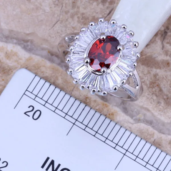 Потрясающие красные гранат Белый CZ Посеребренные Ювелирные наборы серьги кулон