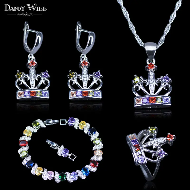 Trendy Crown Colorful Cubic Zirconia Silver Color Jewelry Sets For Women Jewellry Earrings Bracelet Necklace Ring | Украшения и