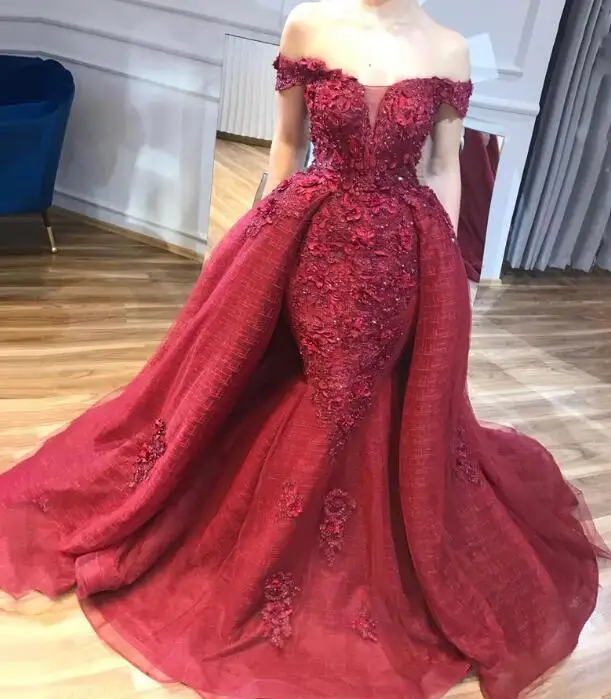 High End Wine Floral Mermaid Evening Gowns With Detachable Train Beaded Lace Bridal Dresses Off Shoulder Red Vestido Formatura - Цвет: Бургундия
