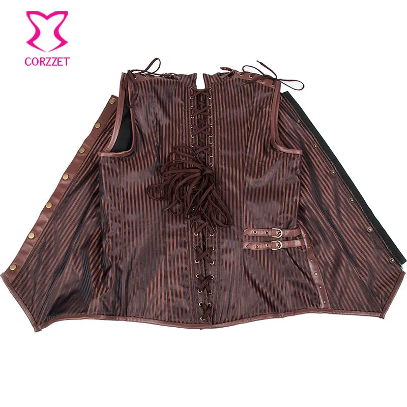 Мужской винтажный жилет в полоску коричневый без рукавов с воротником стойкой и