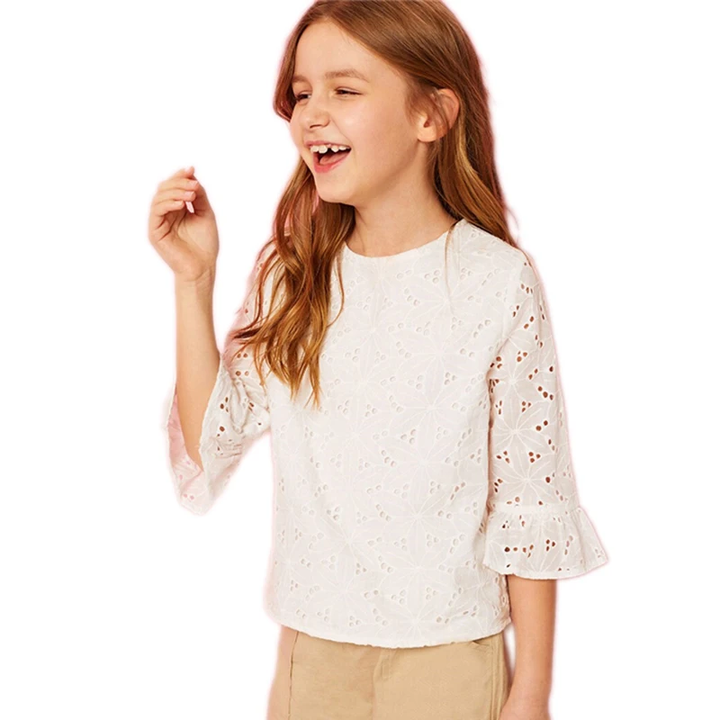 SHEIN Kiddie Ginger/однотонная кружевная блузка с рюшами и проймой для подростков г., летняя детская блузка с рукавами-бабочками на пуговицах, рубашка