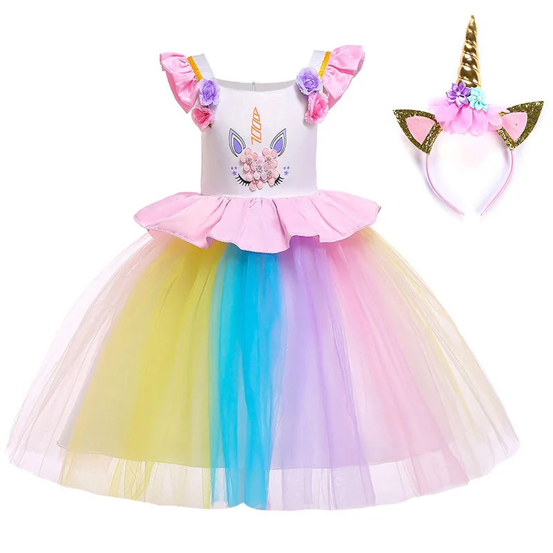 Multicolour Girls Cosplay Unicorn Dress Flying Sleeve Princess Girl Birthday Party Dresses Child Kids Halloween Costume | Детская одежда
