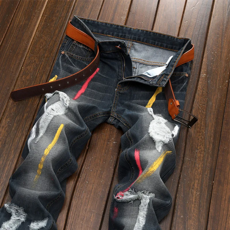 

Mens Black Destoryed Biker Denim Ripped Jeans With Holes Brand Rasgado Homens New Men Biker Jeans Jean Stretch Slim Fit Homme
