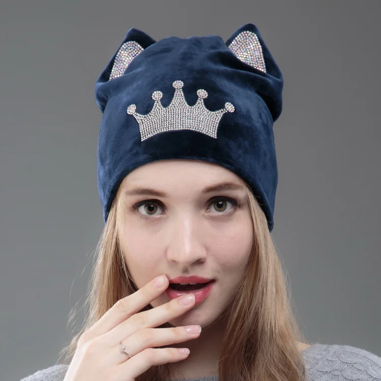 Ohcoxoc дизайн Женщины шапочки Skullies принцессы для девочек Милая Осенняя зимняя шапка с кошачьими ушками Блестящий Корона со стразами