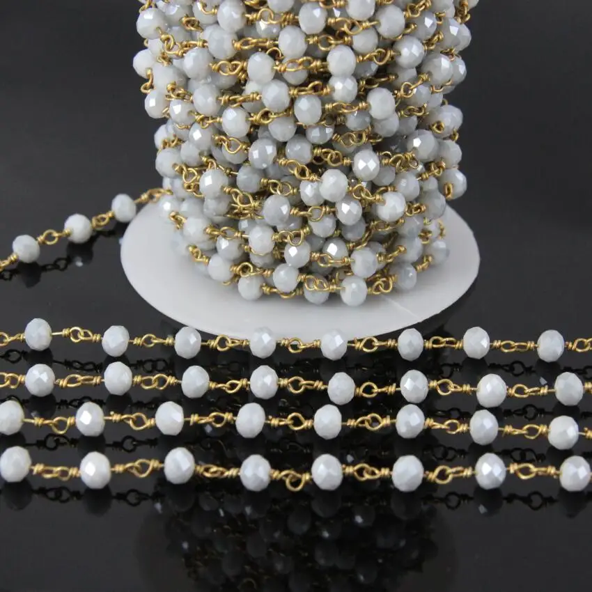 

5Meter,Grey White Glass Crystal Brass Wire Wrapped Rosary Chain,4x6mm Size Faceted Rondelle Beads Women Sweater chain