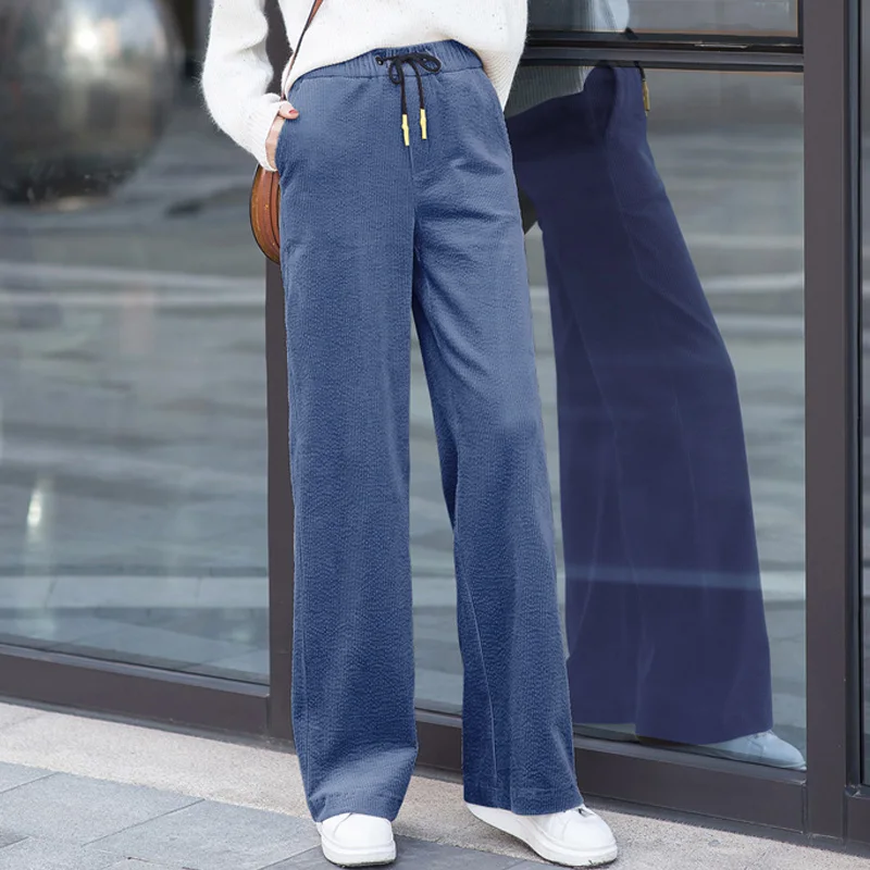 Casual Winter Fall Womens Ladies Blue Wide Leg Elastic High Waisted Corduroy Pants , Autumn Fashion Loose Trousers For Woman