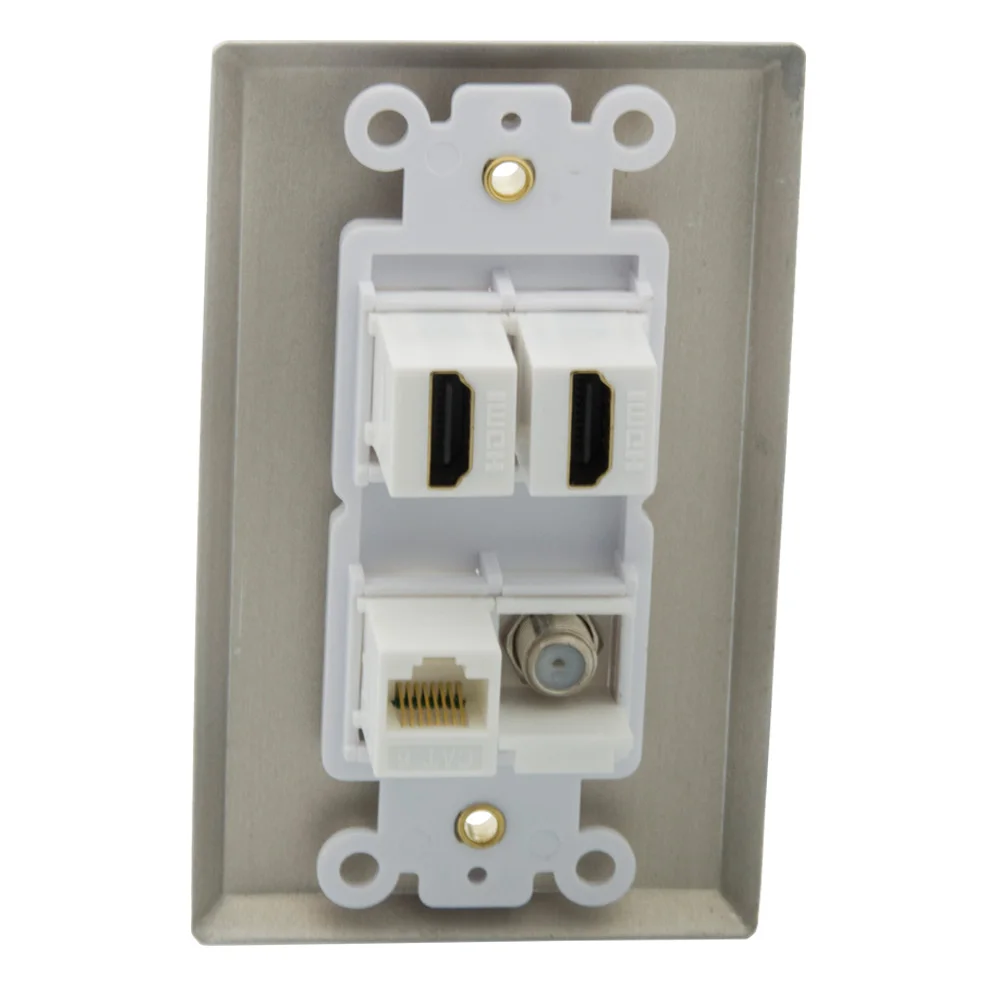 Одноместный твердый стильный алюминиевый металлический 4 порта HDMI USB CAT6 RJ45 F головка RG6 Женский к женскому настенное покрытие лицевой панели