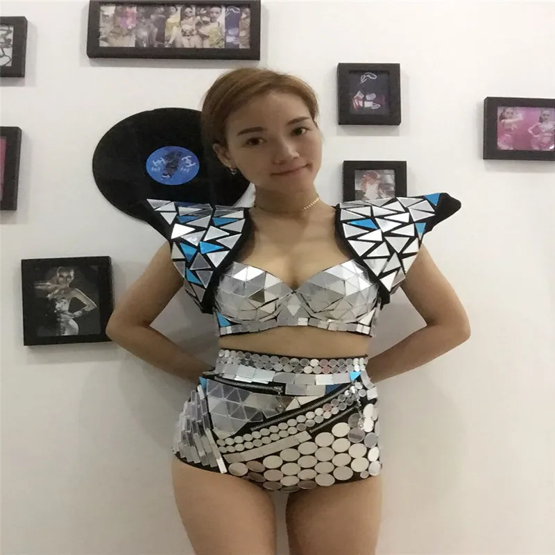 

P61 Silver mirror singer costumes bar disco rave mirror shoulder silver robot women suit sexy female dress bra shorts club wears