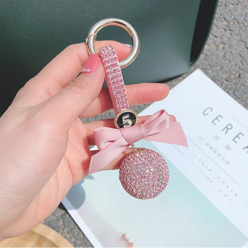 pink Алмазная Хрустальная круглая шаровая буровая Веревка Брелок пряжка для ключей от автомобиля лук водяная буровая сумка Подвеска из нержавеющей стали брелок авто аксессуары - Название цвета: pink