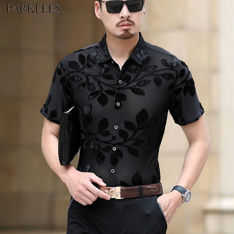 

Для мужчин Листья Вышивка Кружевная рубашка Slim Fit сексуальная прозрачная Классическая рубашка Для мужчин вечерние события прозрачные Chemise ...