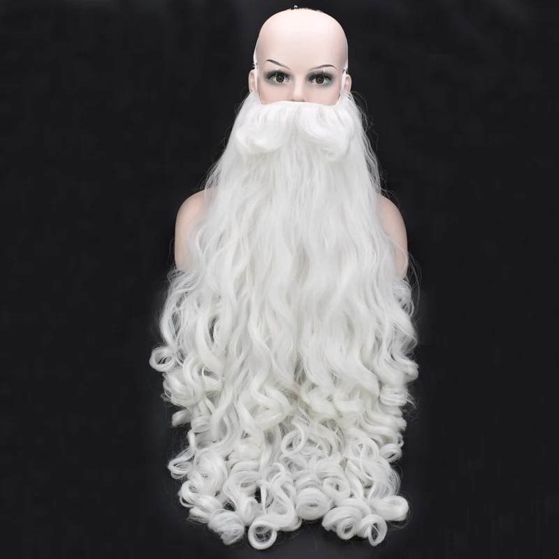 Christmas Cosplay Wig Beard Santa Claus Beard Wig White Curly Long Synthetic Hair Adult Cosplay Costume Christmas Gift Role Play