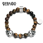 Мужские браслеты из камни и тигрового глаз REAMOR Nature, браслеты из нержавеющей стали с черепами и бирками бренда, Стрейчевые браслеты
