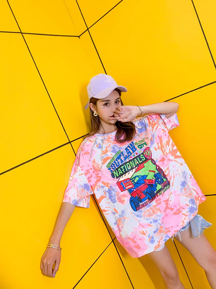 Для женщин Летняя мода яркое круглым вырезом футболки Street Wear Бисер летние шорты