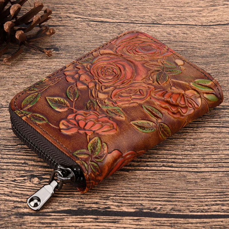 Genuine Leather Embossed wallet zipper card bag capacity women business card holder women's credit card package Purse images - 6