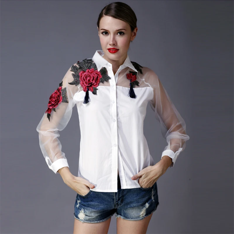 2017 Весна 3D вышивка цветок женская рубашка сексуальная Перспектива органза сетка