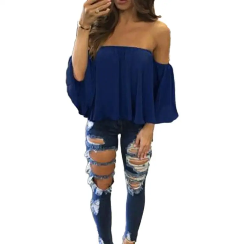 Летние Blusas mujer пикантные с плеча бабочки рукавом Для женщин Бохо шифоновые