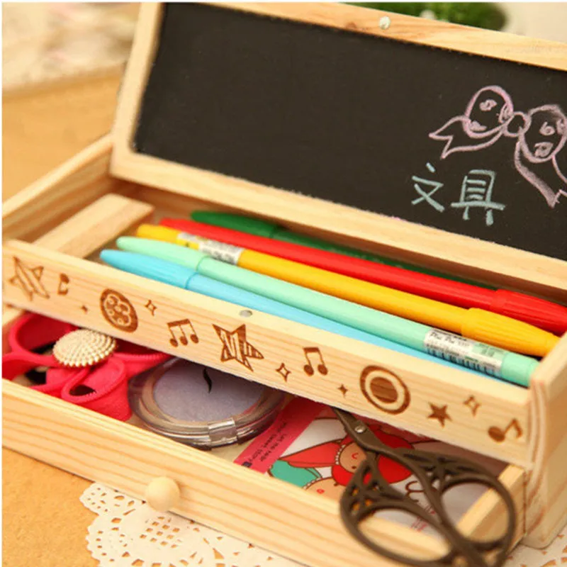

Wooden pencil cases Korean desk accessories pencil box cute pencil case blackboard double layer office supplies stationery case