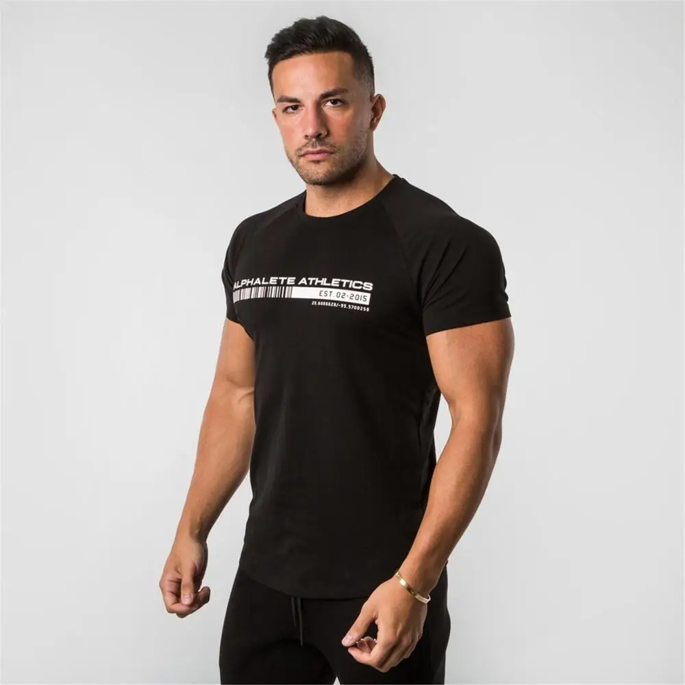Новинка, футболки ALPHALETE, мужские футболки с коротким рукавом, хлопковые мужские тройки, спортивные тренажеры, фитнес футболки, брендовая одежда - Цвет: Черный