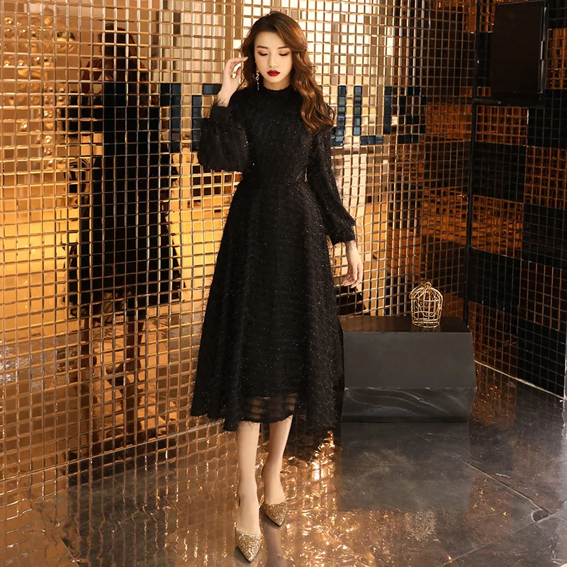 

Black Muslim Evening Dresses 2021 A-line Long Sleeves Tea Length Lace Dubai Saudi Arabic Long Elegant Evening Gown LF197