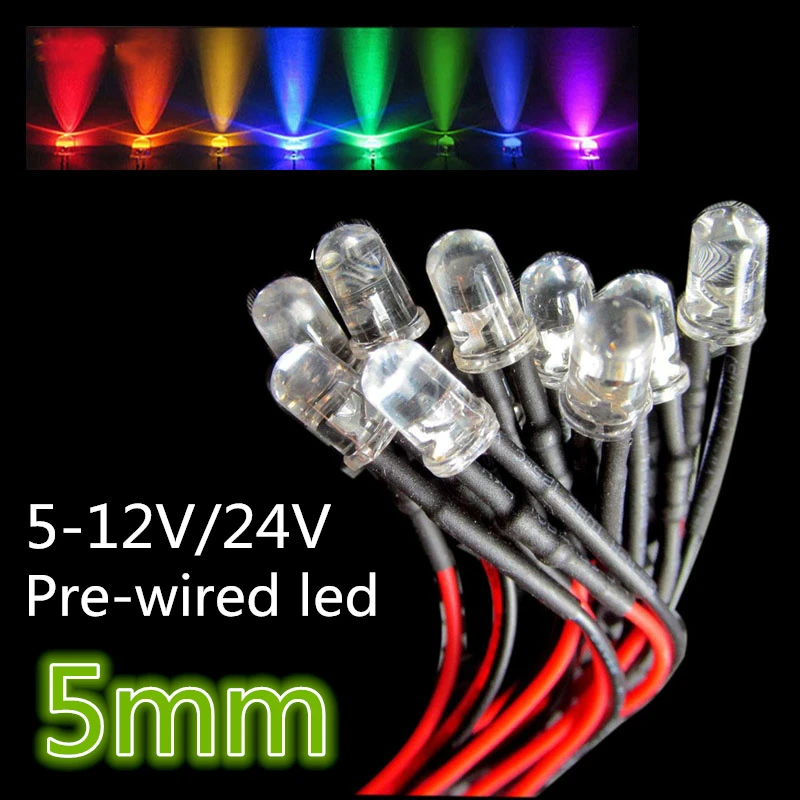 100 pcs 12 V/24 V предварительно смонтированный 5 мм яркий светодиодный s лампа теплый белый/красный/зеленый/синий/желтый/белый/розовый 20 см Предварительно смонтированные светодиоды лампа светодиодный освещение