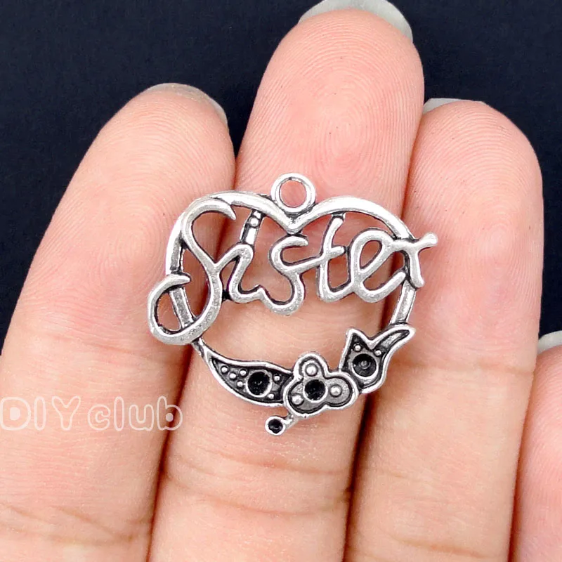 

40pcs-Antique Silver Tone Sister Heart Charms Pendant 27x24mm