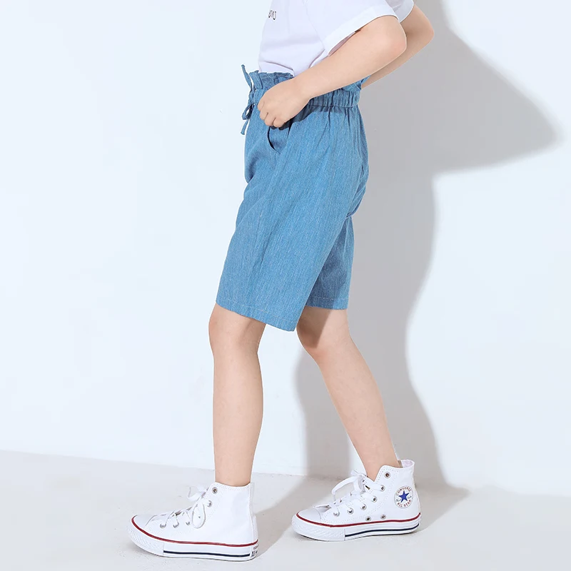 Pioneer kids/летние джинсовые шорты для девочек с высокой талией и рюшами; Узкие детские джинсы; однотонная модная повседневная одежда; EDK910042