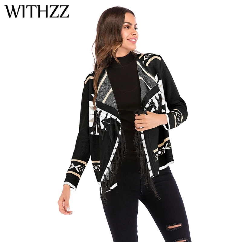 Женский трикотажный кардиган с геометрическим узором и кисточками WITHZZ осенне