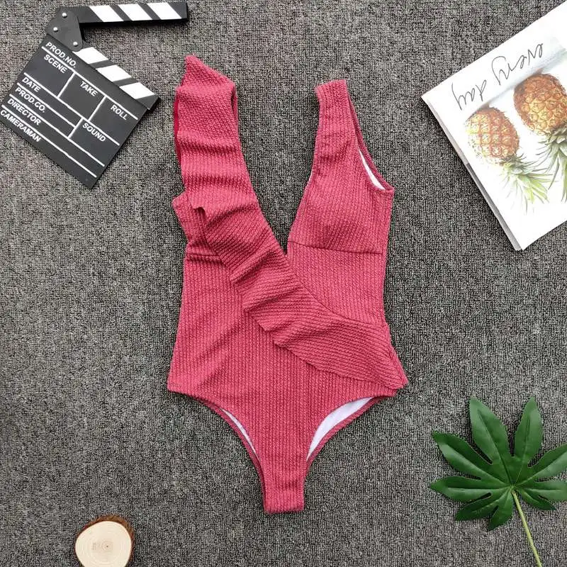 Rose Red JSY модный однотонный черный купальник с оборками на одну сторону с v-образным вырезом цельный женский купальник Одежда Костюм купальщика Y0073 - Цвет: Rose Red